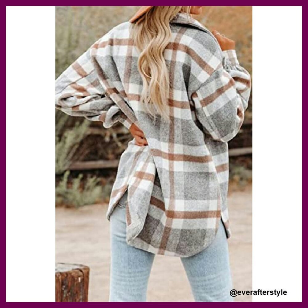 Oversized Flannel Shacket Button Down Plaid Long Sleeve Chic Casual Y2K - Picture 3 of 7